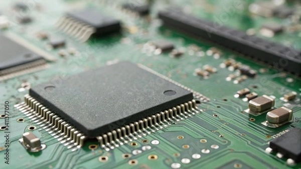 Fototapeta High Detail Close Up of Circuit Green Board in Studio Lighting Environment