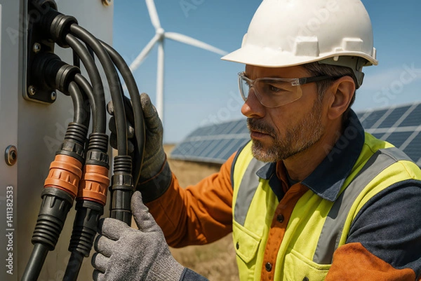 Fototapeta A technician in a hard hat and safety vest inspects electrical connections at a renewable energy site, surrounded by wind turbines and solar panels