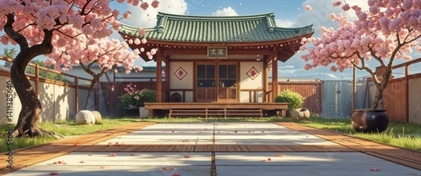 Obraz dojo training ground cherry blossoms falling 3d render scene video game concept background illustration digital artwork