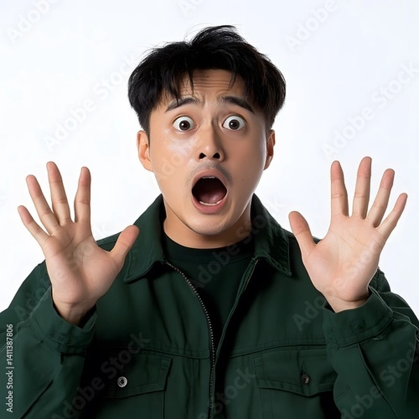 Obraz a man's expression of panic, or anxiety, on a clean white background, clear clean photo