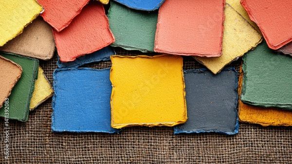 Fototapeta Colorful textured paper squares on burlap background