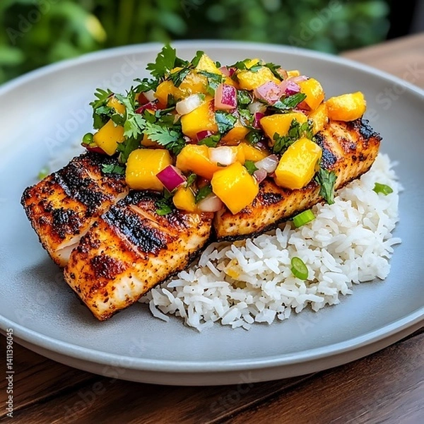 Fototapeta Grilled Salmon with Mango Salsa and Cilantro Served on White Rice