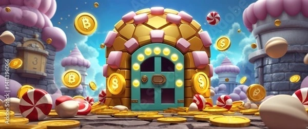 Obraz candy vault with glowing candy coins 3d render scene video game concept background illustration digital artwork