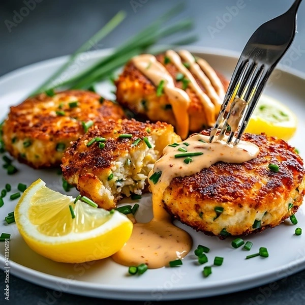 Fototapeta Crispy Crab Cakes with Lemon Wedges and Creamy Sauce on White Plate