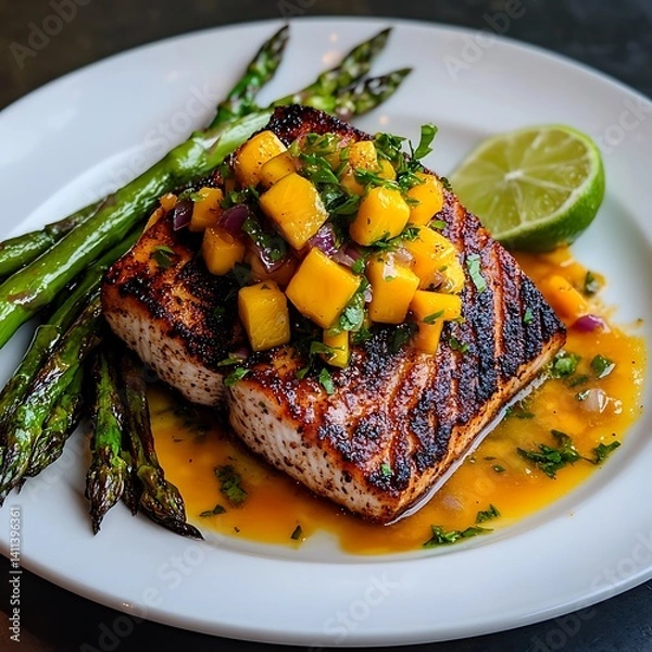 Fototapeta Grilled Salmon with Mango Salsa, Asparagus, and Lime Garnish on White Plate