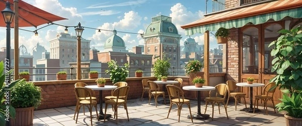 Obraz rooftop cafe with bistro tables and plants 3d render scene video game concept background illustration digital artwork