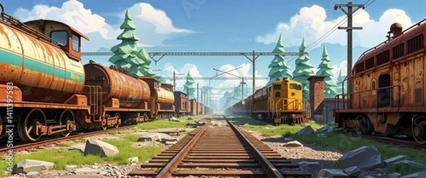 Obraz abandoned train yard rusting trains 3d render scene video game concept background illustration digital artwork