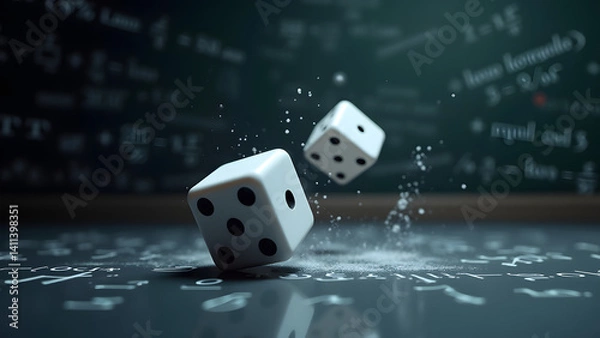 Fototapeta Die hitting perfect corner rebound with material compression visible. Floating physics equations surround it against chalkboard background.
