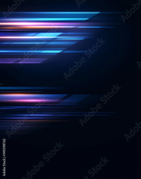 Fototapeta 暗い背景に走る未来的な青と紫のスピードライン