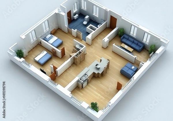 Obraz Isometric 3D Rendering of Modern Apartment Floor Plan