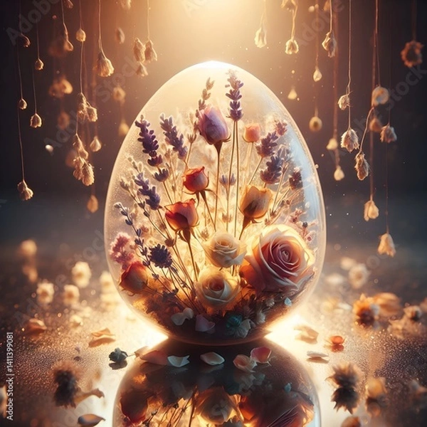 Fototapeta Elegant Glass Easter Egg Terrarium Containing Roses and Lavender with Warm Backlight and Reflection