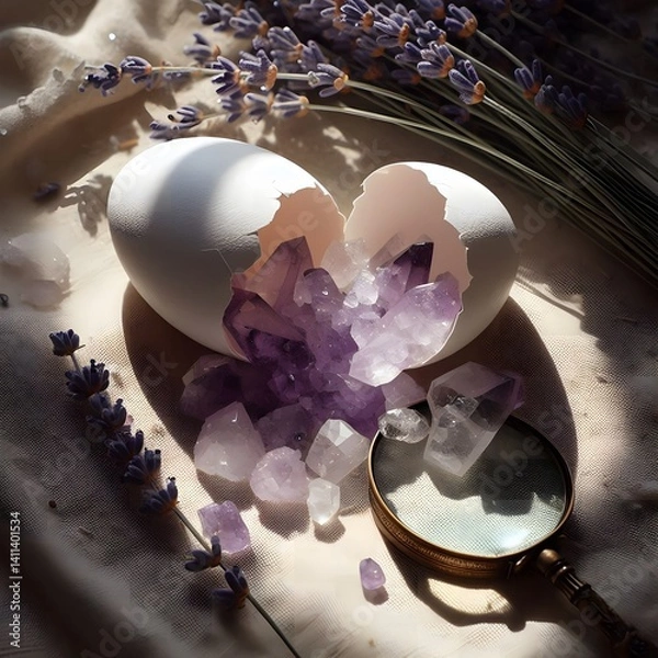 Fototapeta Cracked Easter Eggshell Revealing Amethyst and Quartz Crystals with Lavender and Magnifying Glass