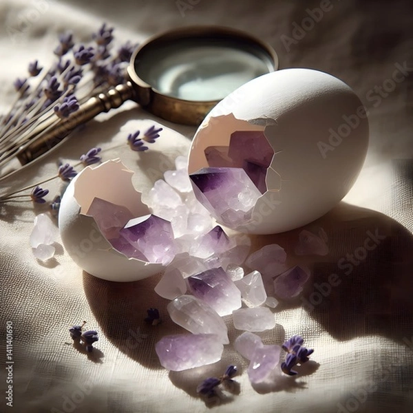 Fototapeta Cracked Easter Eggshell Revealing Amethyst and Quartz Crystals with Lavender and Magnifying Glass