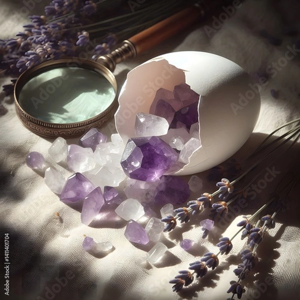 Fototapeta Cracked Easter Eggshell Revealing Amethyst and Quartz Crystals with Lavender and Magnifying Glass