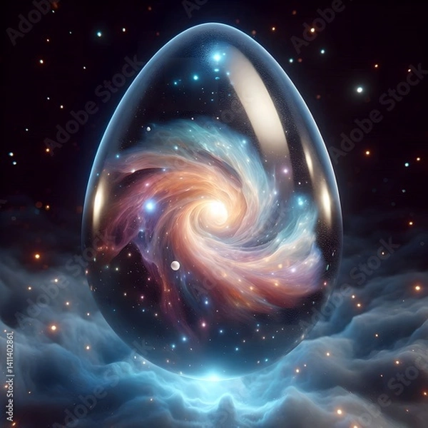 Fototapeta Cosmic Easter Egg with Swirling Galaxy and Stars Amidst Nebula Clouds