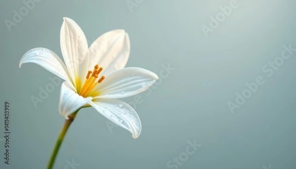 Fototapeta Fragile white flower with dew drops on petals in springtime with light gray background, plant, fragile