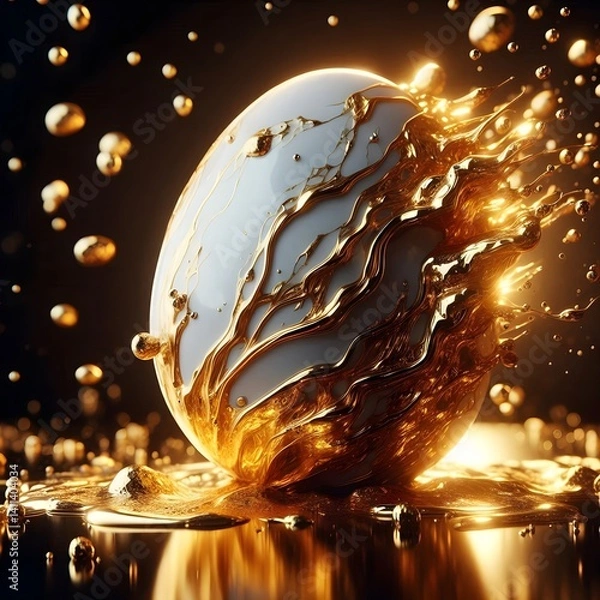 Fototapeta Dynamic Golden Easter Egg with Dark Swirls and Liquid Gold Splashes on Reflective Surface