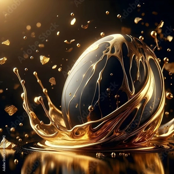 Fototapeta Dynamic Golden Easter Egg with Dark Swirls and Liquid Gold Splashes on Reflective Surface