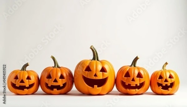 Fototapeta Funny group of Halloween pumpkins in various sizes and styles on white backdrop, holiday, Jack-o-lanterns