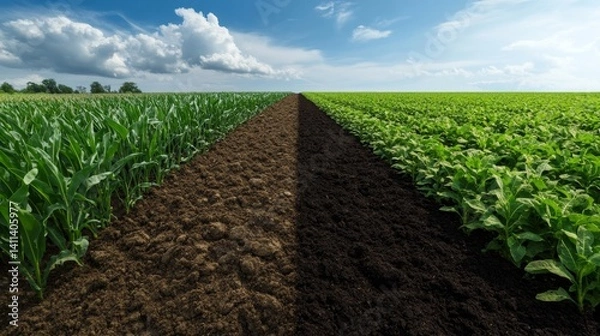 Fototapeta A side-by-side image of soil before and after regenerative farming, showing increased organic matter,