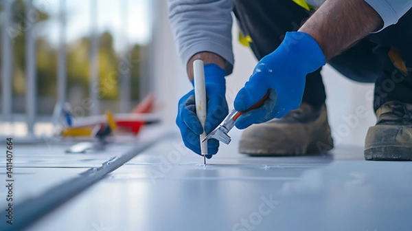 Fototapeta A construction worker sealing joints with caulk at a building site. Featuring attention to detail and care
