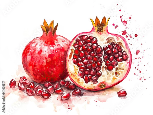 Obraz Watercolor Illustration of Pomegranate Fruit with Red Seeds