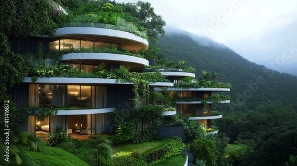 Fototapeta Green architecture in mountainous regions, adapted to minimize environmental disruption,