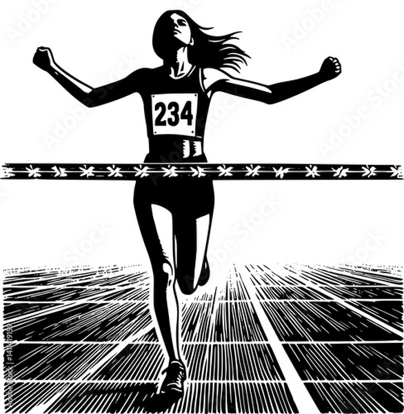 Obraz Woman runner crossing the finish line.  Silhouette of athletic looking female runner running. Transparent PNG version.