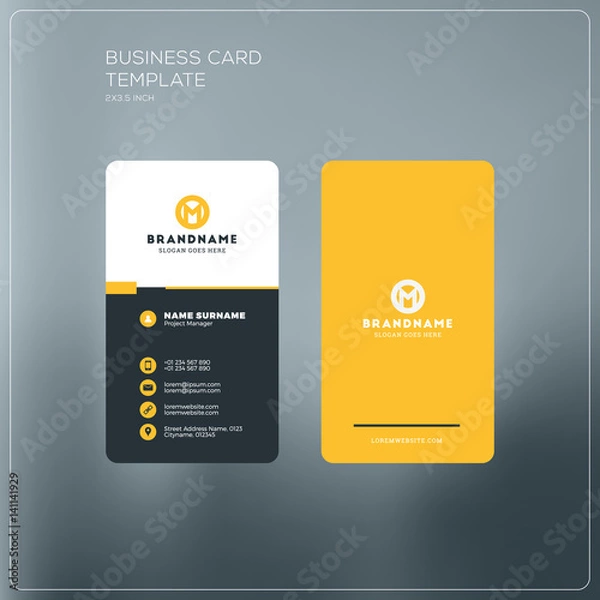 Fototapeta Vertical business card print template. Personal business card with company logo. Black and yellow colors. Clean flat design. Vector illustration. Business card mockup