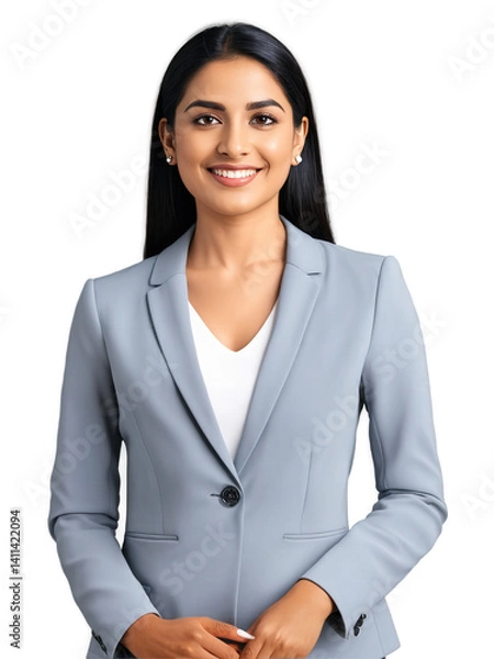 Fototapeta Portrait of a smiling South Asian woman with medium-length black hair, dressed in a formal gray jacket. Her approachable