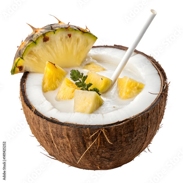 Obraz Pineapple Drink in Coconut Shell with Straw on Transparent Background. Perfect for: Summer, Beach Bar, Tropical Party, Island Vacation