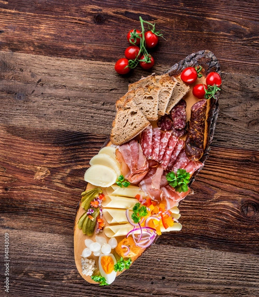 Fototapeta Brettljausn - Sausage and Cheese Plate - Snack