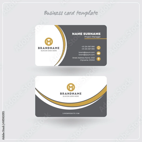 Fototapeta Golden and Gray Business Card Print Template. Personal Visiting Card with Company Logo. Clean Flat Design. Rounded Corners. Vector Illustration. Business Card Mockup with Shadows