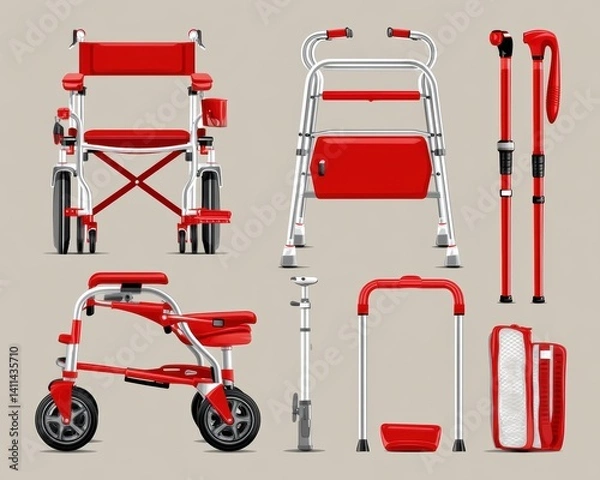 Fototapeta Image of a variety of assistive mobility devices, including walkers and canes - assistive accessibility assistance elderly