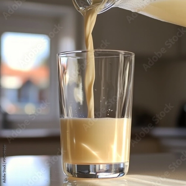 Fototapeta Glass of cold milk being poured with a splash creating a refreshing visual experience