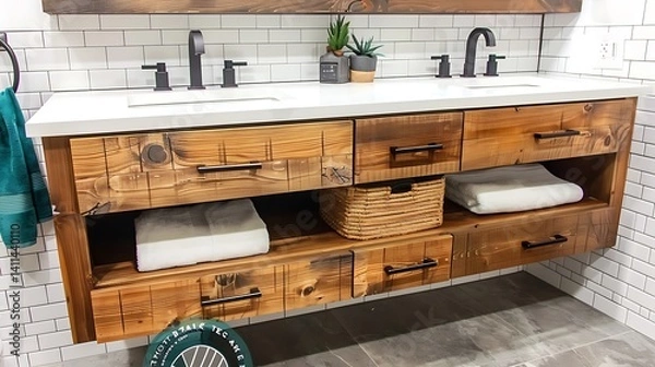 Obraz Rustic double vanity with reclaimed wood cabinetry, creating a warm interior