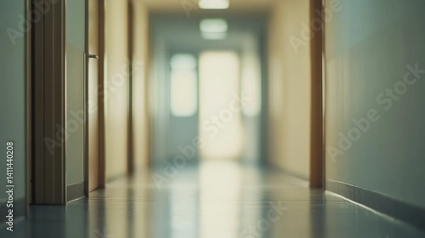 Fototapeta A softly lit, empty hospital corridor with neutral walls and a blurred background, evoking calm, cleanliness, and quiet.

