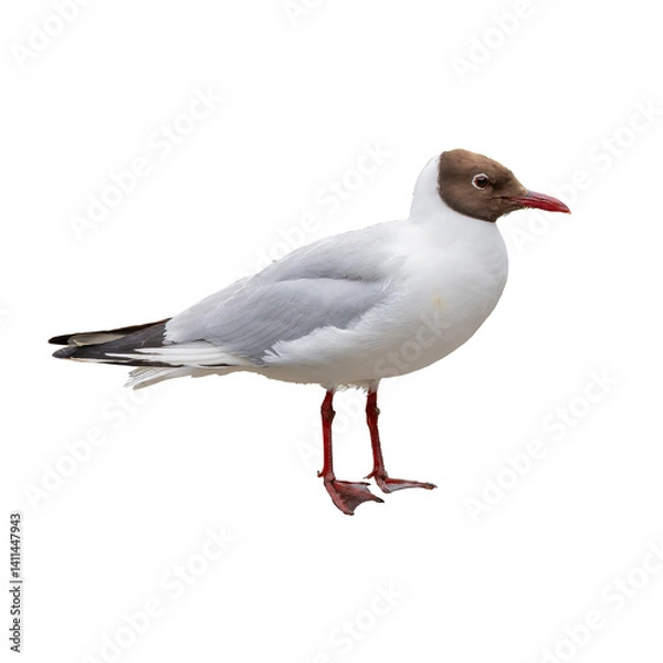 Fototapeta A black-headed gull standing gracefully, showing its red legs and beak, isolated on a white background for a clean and detailed view.
