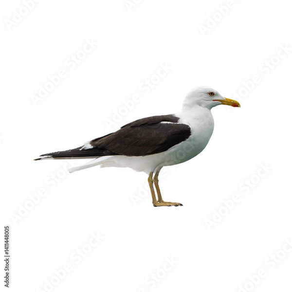 Fototapeta A large Great black-backed gull standing upright with yellow beak and dark wings, isolated on a white background, showing its full side profile.