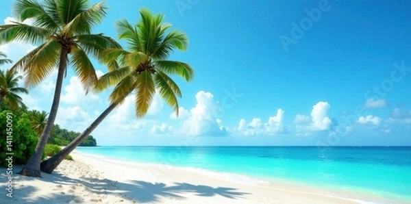 Fototapeta Slender palm trees stand tall against a vibrant blue ocean and sandy beach , horizon, scenic