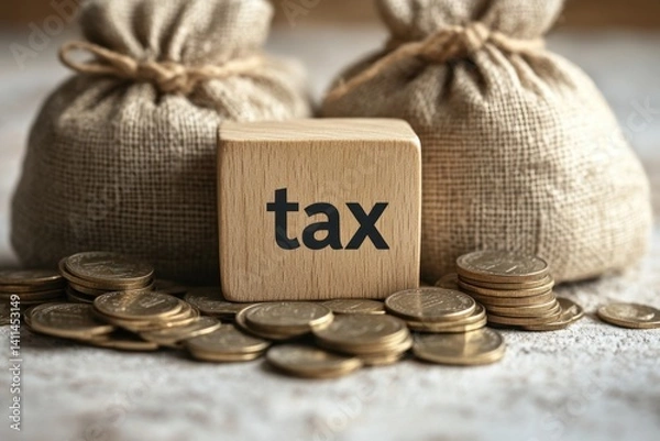 Fototapeta Understanding tax responsibilities through wooden cubes and bags of coins on a beige background
