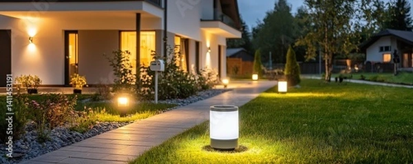 Fototapeta A modern outdoor space featuring a well-lit pathway and stylish lanterns, enhancing the serene atmosphere of a contemporary home.