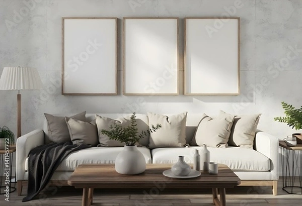 Fototapeta Three vertical frames hanging above a couch with pillows , a wooden table with vases and plates in a living room