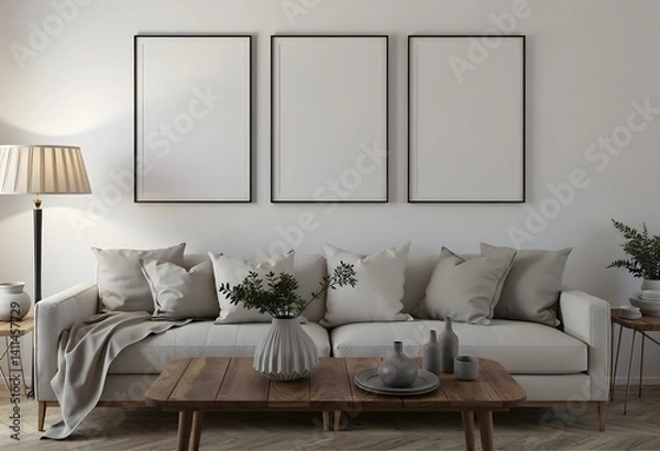 Fototapeta Three vertical frames hanging above a couch with pillows , a wooden table with vases and plates in a living room