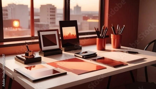 Fototapeta Black frame mockup with workspace accessories on a white table. Portrait orientation.