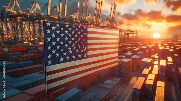 Fototapeta American flag proudly waving over a bustling sunset port, showcasing the nation's vibrant global trade and economic strength with dramatic lighting and a blurred container background.
