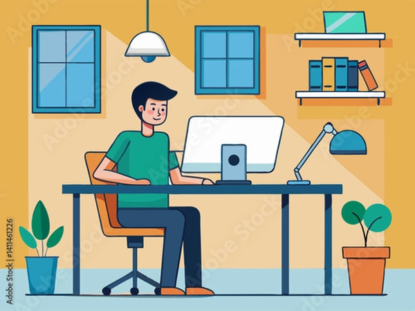 Fototapeta Productive Work From Home Setup Man Working at Desk in Home Office