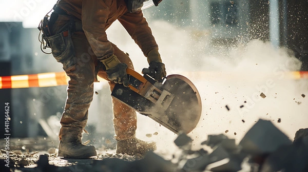 Fototapeta A demolition crew member cutting reinforced concrete with an industrial saw. Featuring power and precision