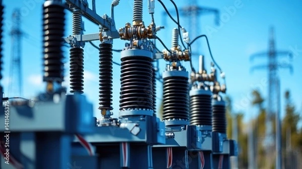 Fototapeta Electrical Transformers in a Substation Under a Cloudy Sky