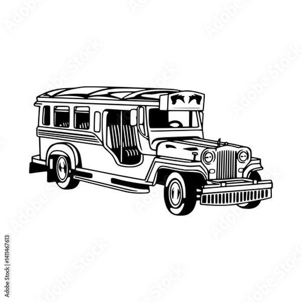 Obraz Vintage Jeepney Illustration - Black & White